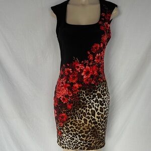Cache Black and Red Floral Leopard Print Mini Dress
